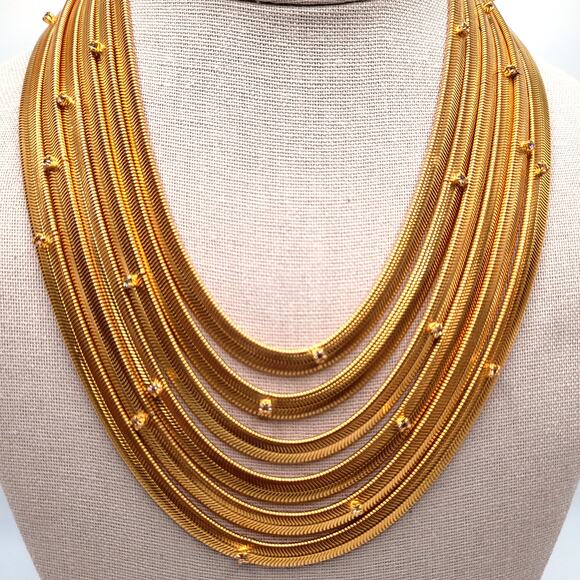 Snake Chain 6 Strand Necklace, Rhinestone Accents, Gold Tone, 17" - Picture 9 of 11